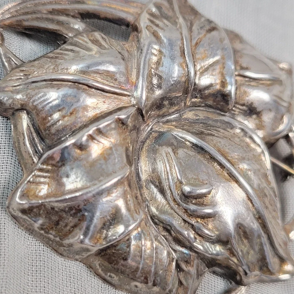 Vintage Sterling Silver Dimensional Floral Leaf Brooch Pin 11.45g